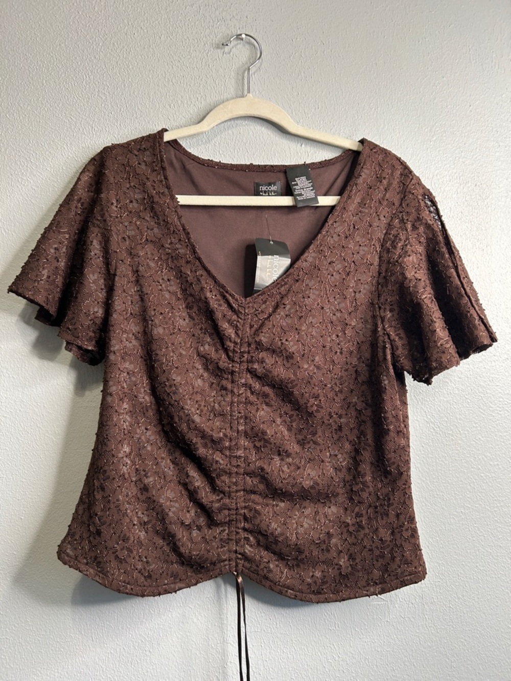Nicole Miller Chocolate Brown Lace Flutter Sleeve V-Neck Top